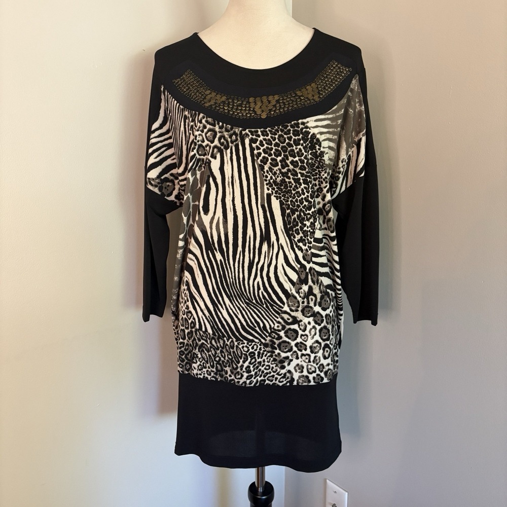 Linea Domani Limited Collection Dress Mixed Animal Print Metal Beading Sz Small